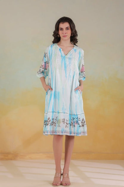 Elegant Blue Pure Muslin Embroidered Dress – M to XXL - Anusheet Fashion