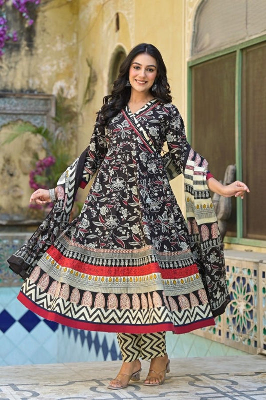 Elegant Coffee Angrakha Style 3 - Piece Cotton Kurti Set with Dupatta - Anusheet Fashion