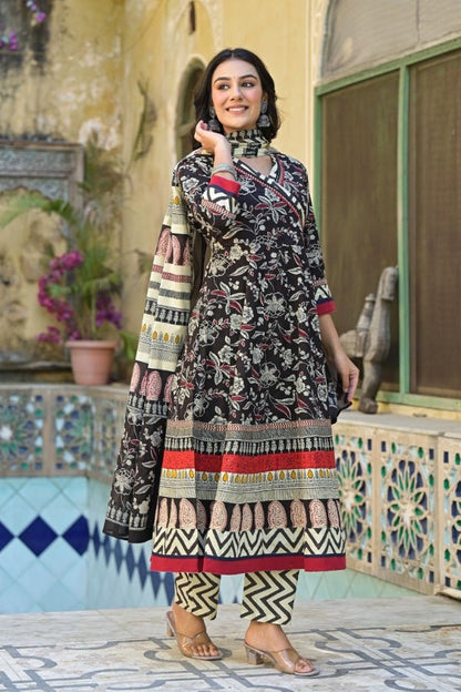 Elegant Coffee Angrakha Style 3 - Piece Cotton Kurti Set with Dupatta - Anusheet Fashion