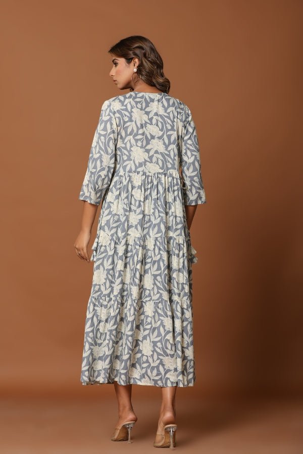 Elegant Gray Floral Midi Dress with Embroidery & Tiered Design - Anusheet Fashion