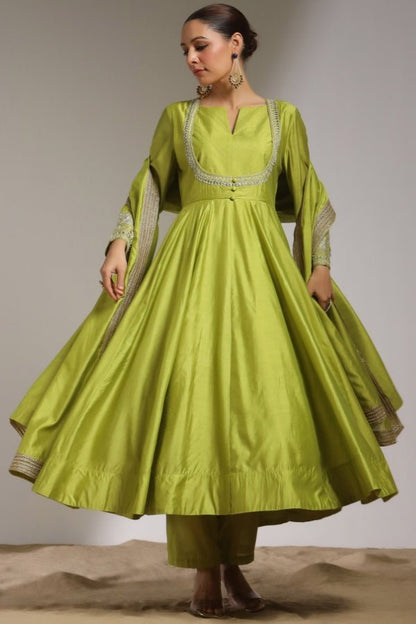 Elegant Green Anarkali with Hand - Embroidered Details - Anusheet Fashion