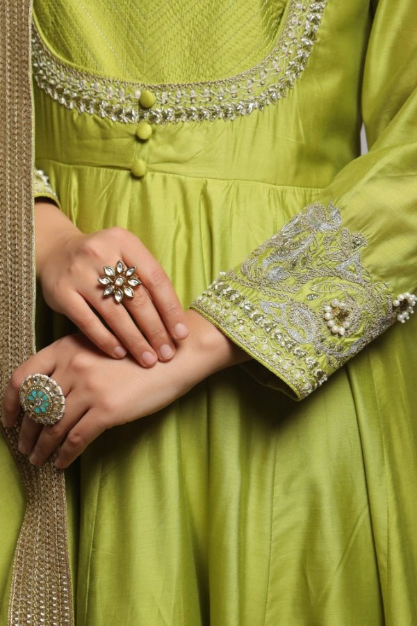 Elegant Green Anarkali with Hand - Embroidered Details - Anusheet Fashion