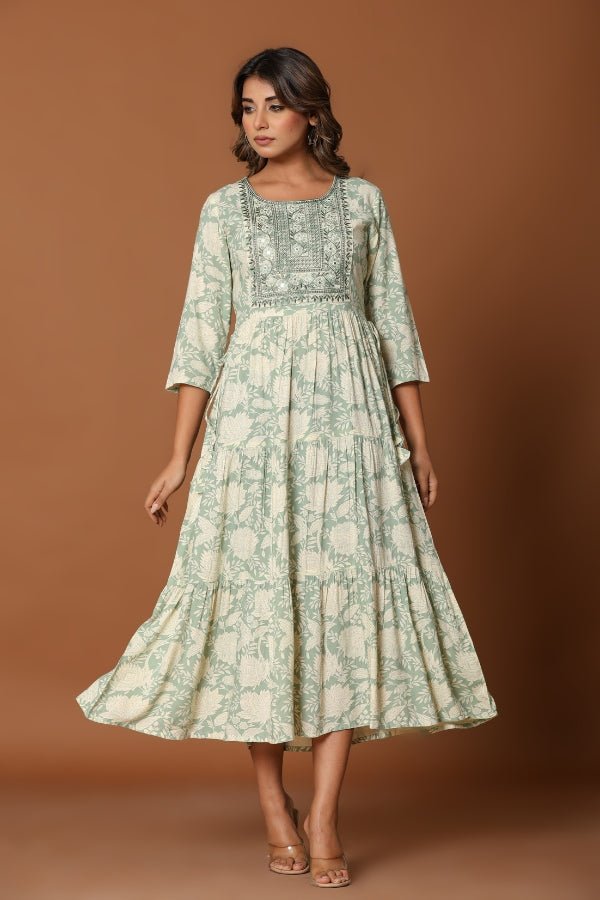 Elegant Green Midi Dress Embroidered Neckline & Flowy Silhouette ✨ - Anusheet Fashion