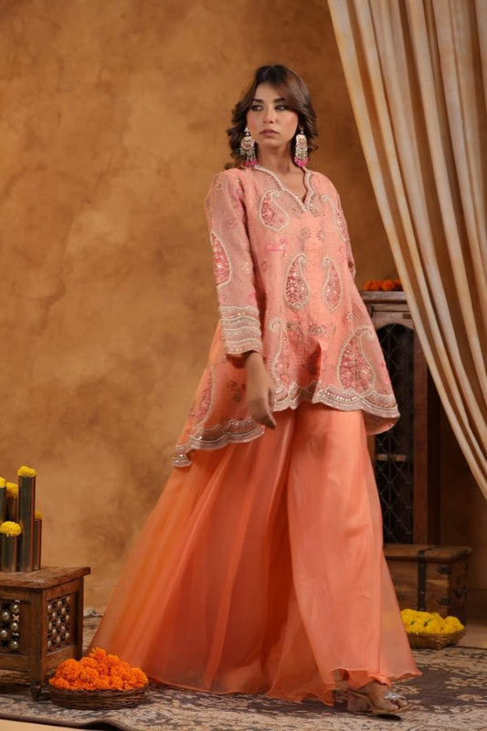 Elegant Orange Indo - Western Embroidered Dress with Handwork - Anusheet Fashion