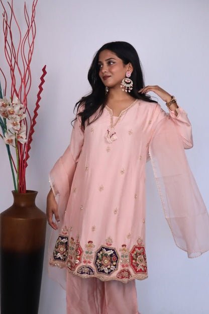 Elegant Peach Indo - Western 3 - Piece Set with Embroidery Perfect for Parties & Special Occasions - Anusheet Fashion