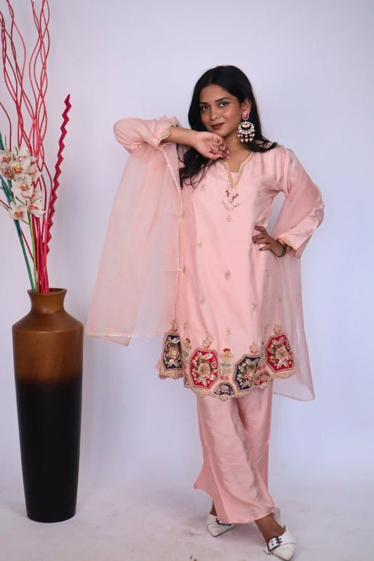 Elegant Peach Indo - Western 3 - Piece Set with Embroidery Perfect for Parties & Special Occasions - Anusheet Fashion