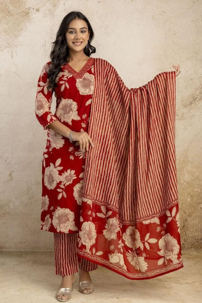 Elegant Red Floral Kurti Set with Embroidery & Dupatta - Anusheet Fashion