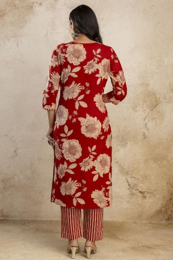 Elegant Red Floral Kurti Set with Embroidery & Dupatta - Anusheet Fashion