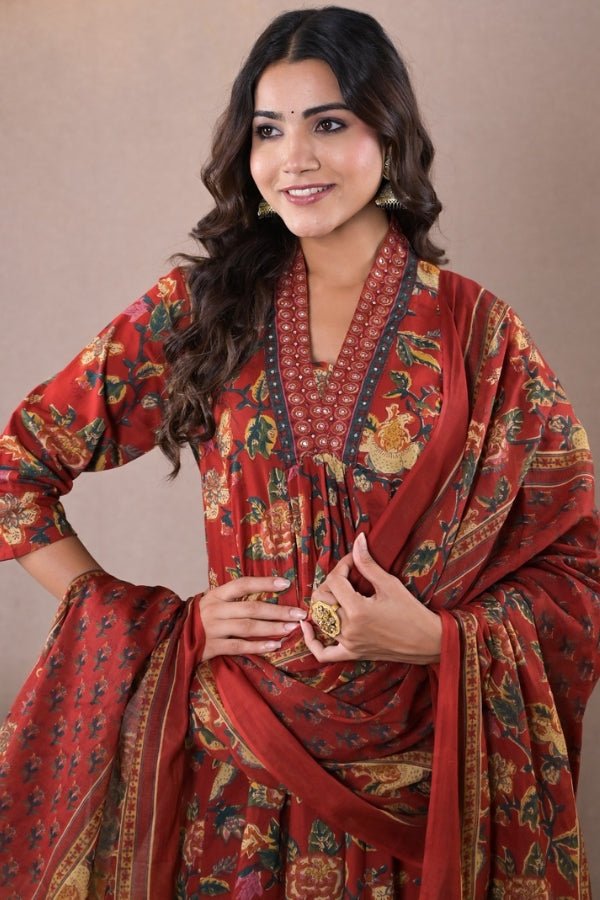 Elegant Rust Red Floral Printed Kurta Set with Dupatta – Timeless Ethnic Charm 🍁 - Anusheet Fashion