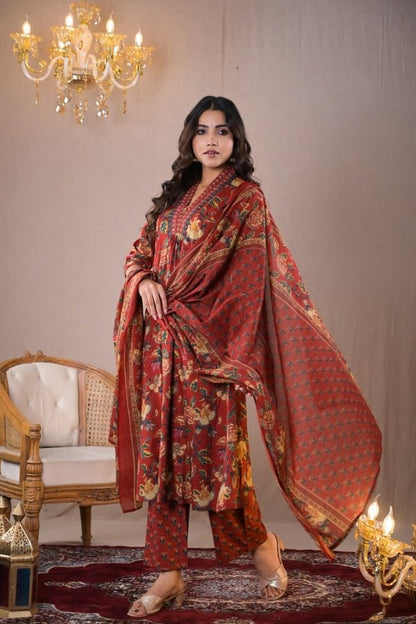 Elegant Rust Red Floral Printed Kurta Set with Dupatta – Timeless Ethnic Charm 🍁 - Anusheet Fashion