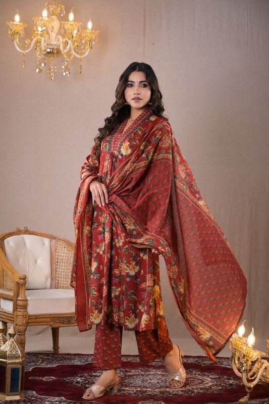 Elegant Rust Red Floral Printed Kurta Set with Dupatta – Timeless Ethnic Charm 🍁 - Anusheet Fashion