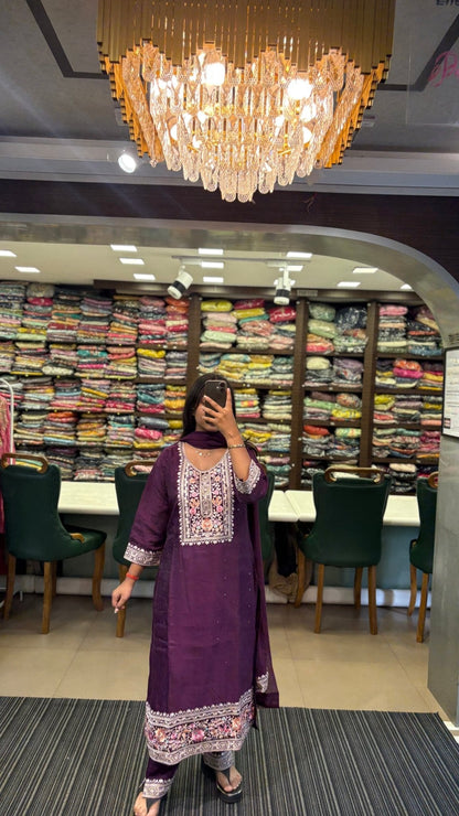 Exclusive Multi Color Thread Embroidery Purple Suit Set - Anusheet Fashion