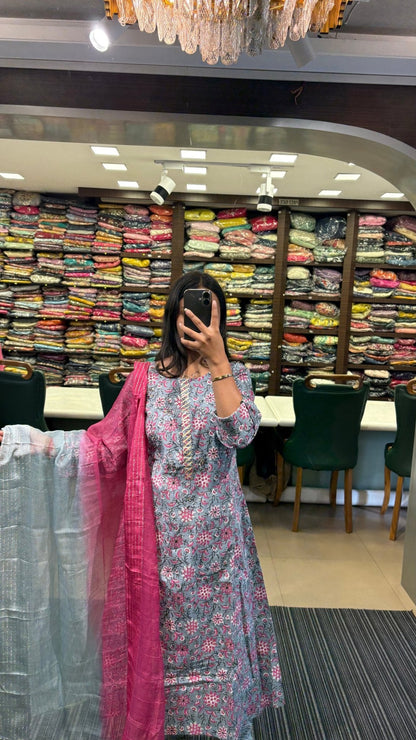 Floral Printed Grey Cotton Suit Set - Anusheet Fashion