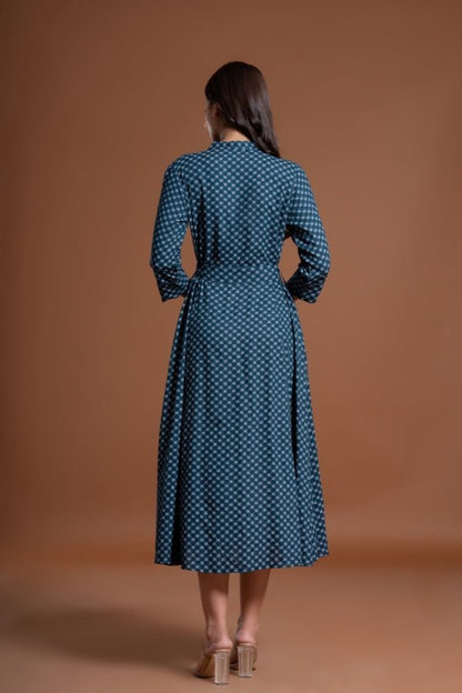 Geometric Print Fit & Flare Midi Dress with Mandarin Collar - Anusheet Fashion