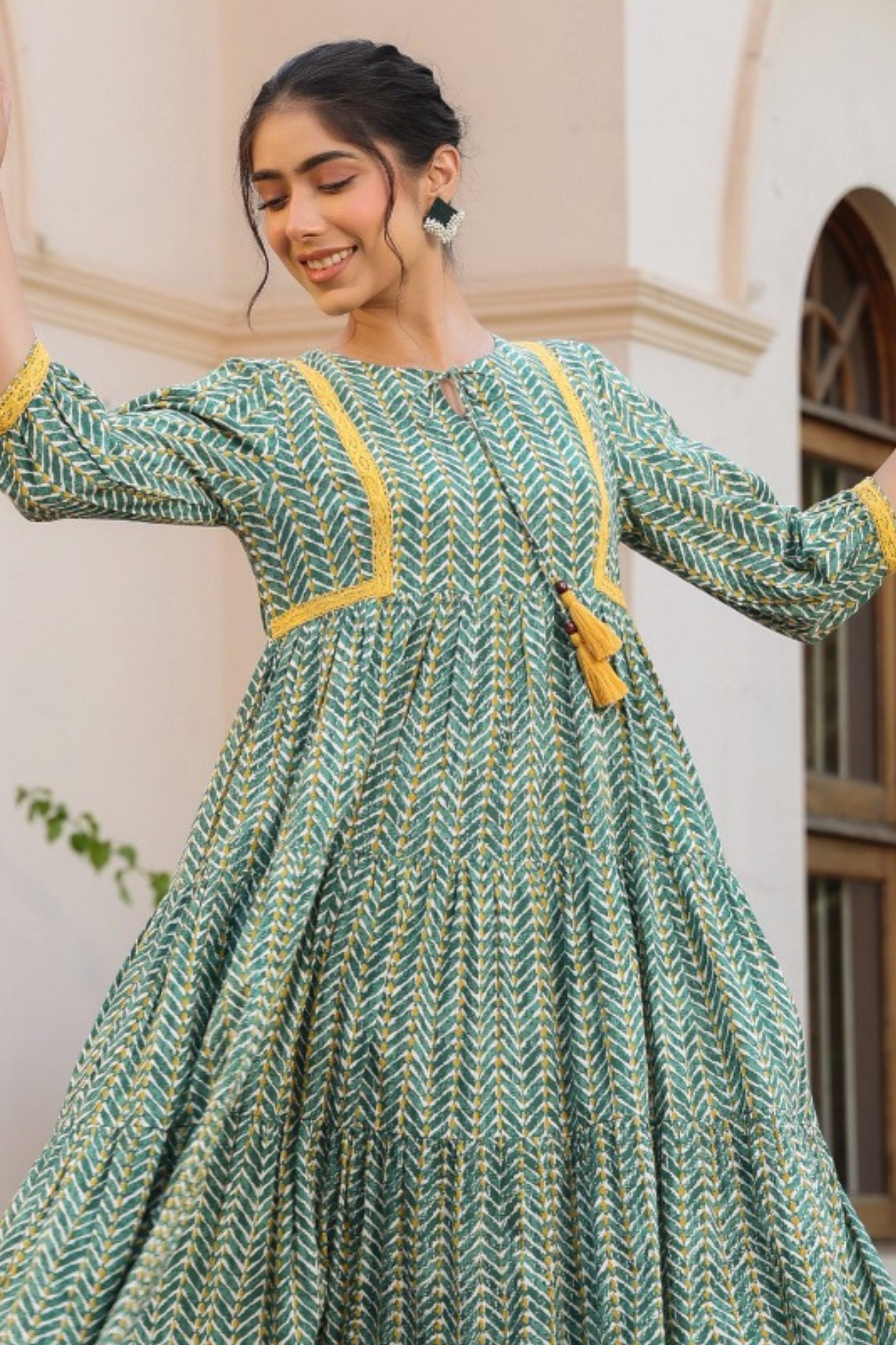 Beautiful Printed Green Cotton Midi Dress