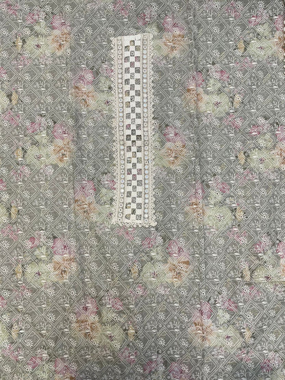 Grey Threadwork And Print Unstitched Suit Set - Anusheet Fashion