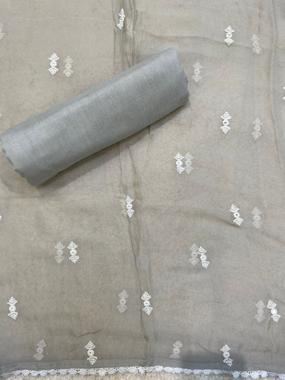 Grey Threadwork And Print Unstitched Suit Set - Anusheet Fashion