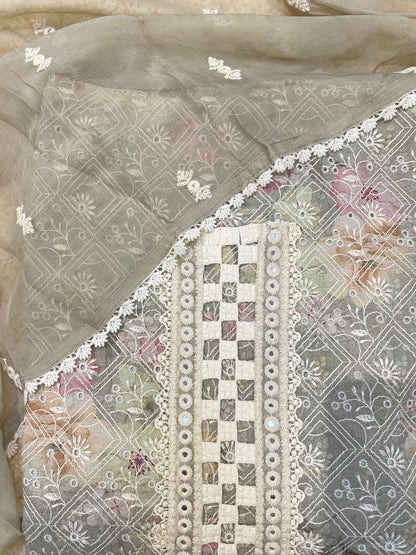 Grey Threadwork And Print Unstitched Suit Set - Anusheet Fashion