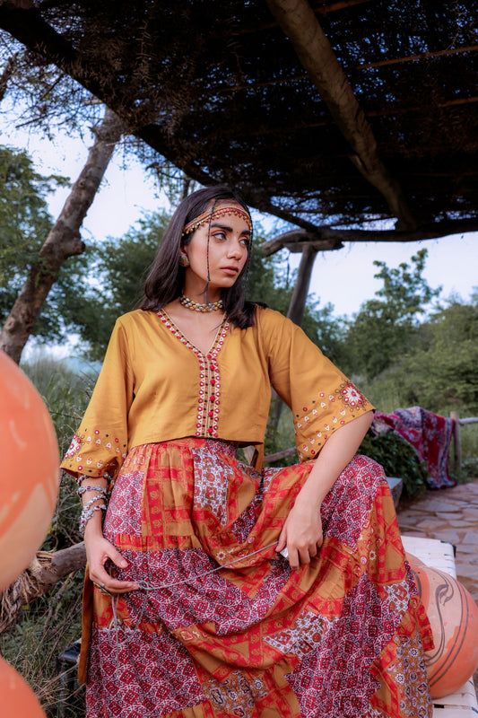 🔥 Boho Royalty Mustard & Red Lehenga Set – Spin, Sparkle & Slay