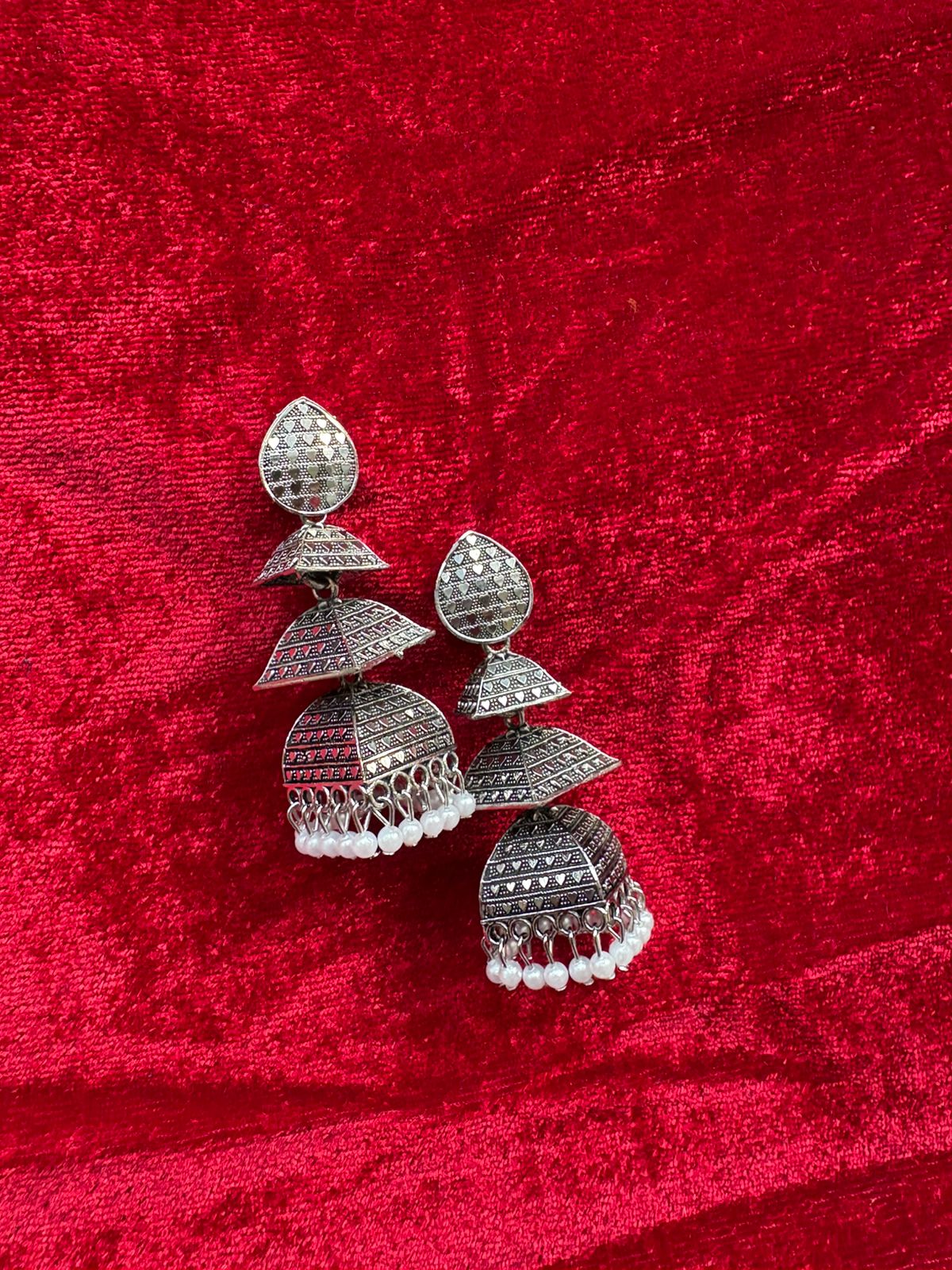 Intricate Triangular Oxidised Silver Jhumkas - Anusheet Fashion