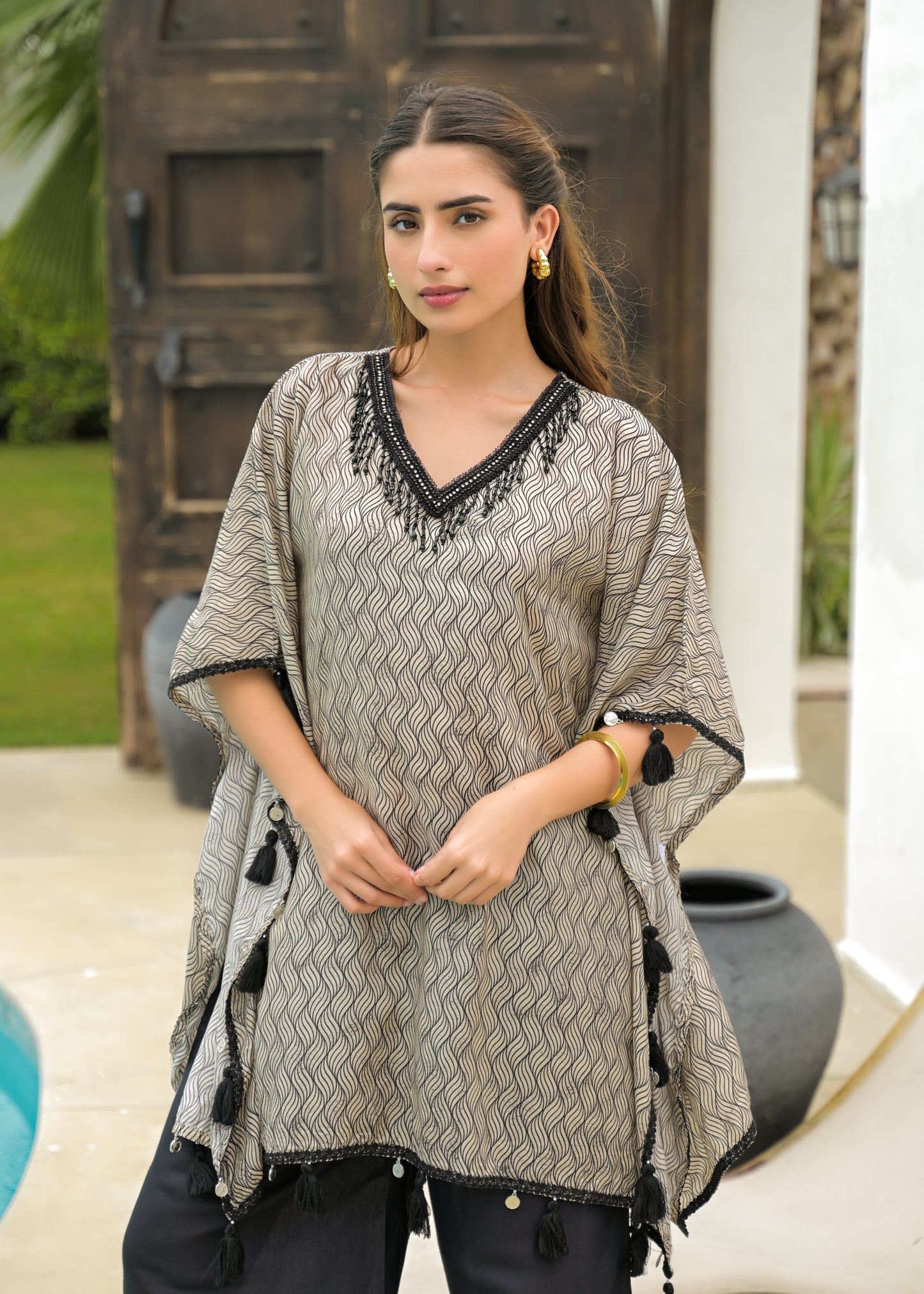 🖤 Elegant Black & Beige Kaftan Set – Luxe Fusion of Tradition & Style With Muslin Fabric