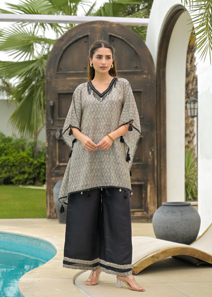 🖤 Elegant Black & Beige Kaftan Set – Luxe Fusion of Tradition & Style With Muslin Fabric