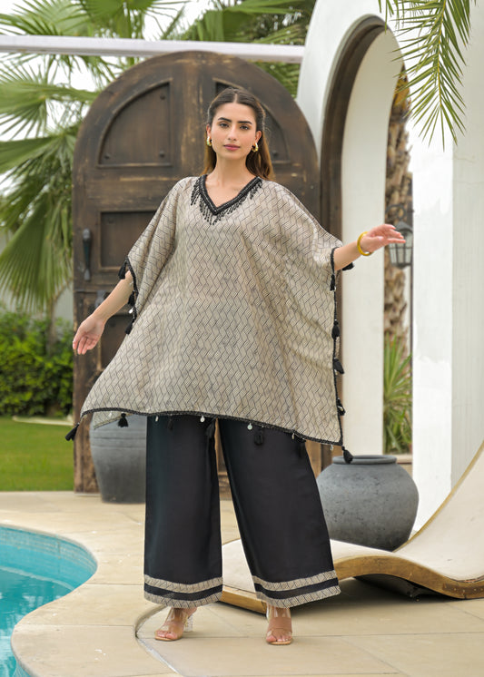 🖤 Elegant Black & Beige Kaftan Set – Luxe Fusion of Tradition & Style With Muslin Fabric