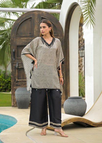 🖤 Elegant Black & Beige Kaftan Set – Luxe Fusion of Tradition & Style With Muslin Fabric