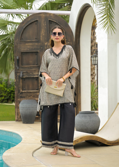 🖤 Elegant Black & Beige Kaftan Set – Luxe Fusion of Tradition & Style With Muslin Fabric