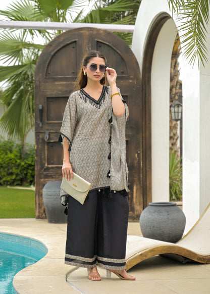 🖤 Elegant Black & Beige Kaftan Set – Luxe Fusion of Tradition & Style With Muslin Fabric