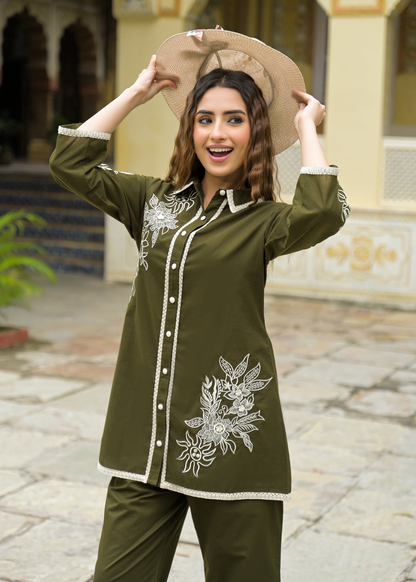 Women’s Cotton Green Floral Embroidered Co-ord Set – Stylish and Comfortable Outfit for Casual and Ethnic Wear