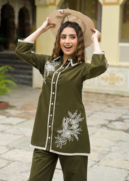Women’s Cotton Green Floral Embroidered Co-ord Set – Stylish and Comfortable Outfit for Casual and Ethnic Wear