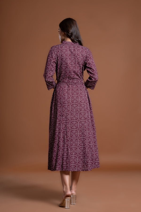 Maroon Fit & Flare Midi Dress with Belt and Geometric Print Maroon Fit & Flare Midi Dress with Belt and Geometric Print