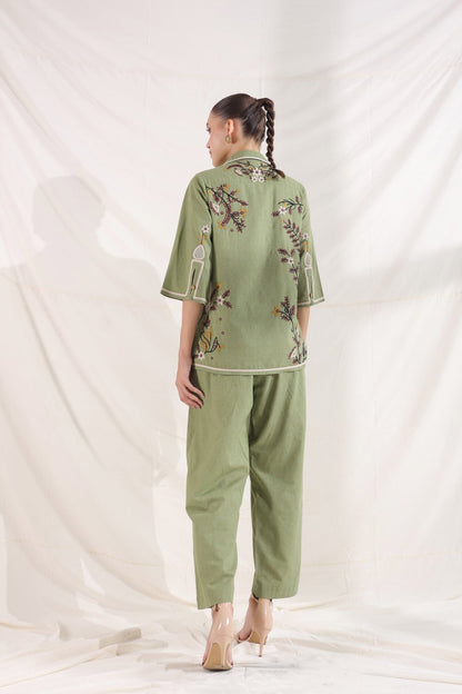 Minimal Floral Thread Embroidery Co - ord Set With Khadi Fabric - Anusheet Fashion