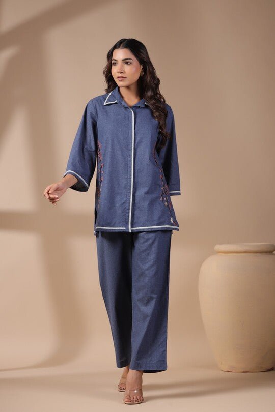 Minimal Floral Thread Embroidery Co - ord Set With Khadi Fabric - Anusheet Fashion