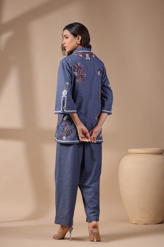 Minimal Floral Thread Embroidery Co - ord Set With Khadi Fabric - Anusheet Fashion