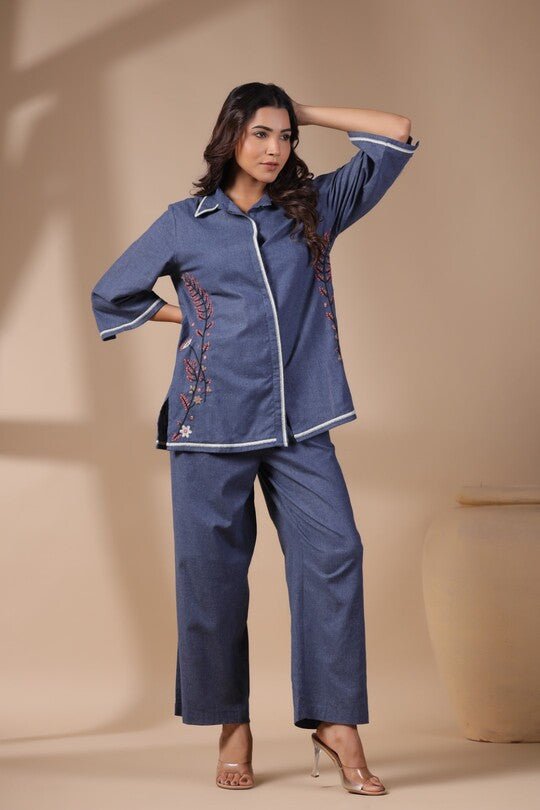 Minimal Floral Thread Embroidery Co - ord Set With Khadi Fabric - Anusheet Fashion
