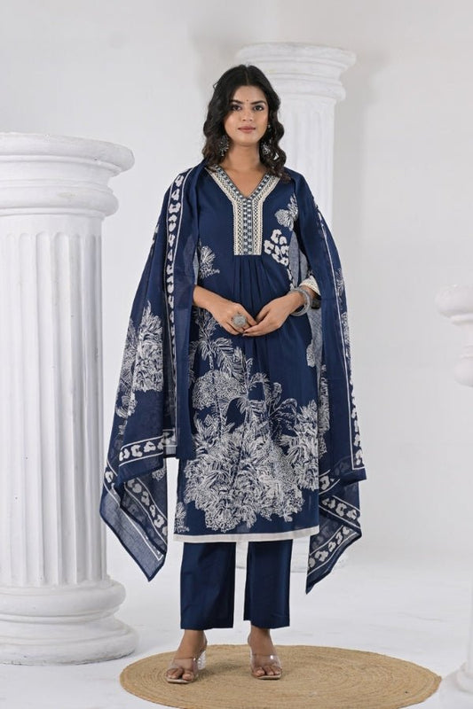 Navy Blue 3 - Piece Kurti, Pant & Dupatta Set Elegant Mirror & Lace Work - Anusheet Fashion