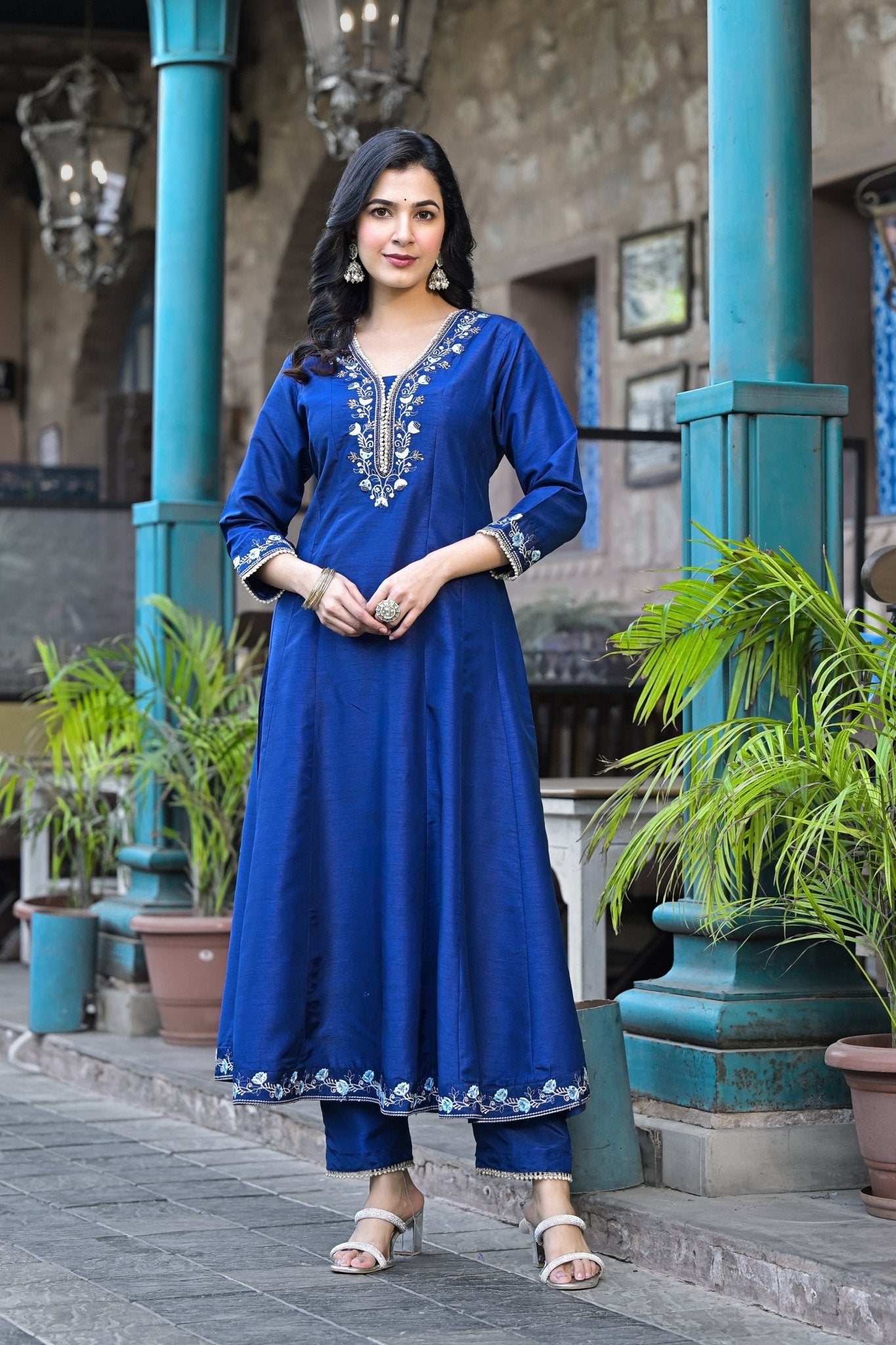 Navy Blue Muslin Anarkali Handwork Suit Ethnic Wear - Anusheet Fashion