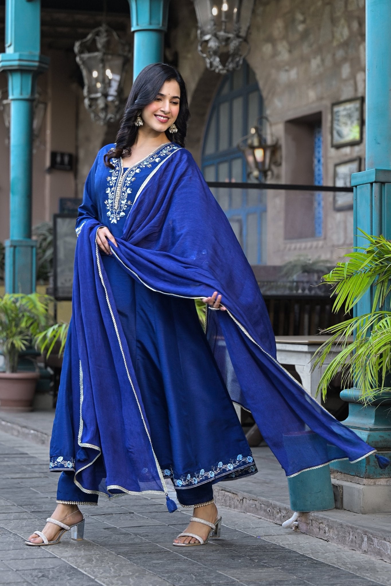 Navy Blue Muslin Anarkali Handwork Suit Ethnic Wear - Anusheet Fashion