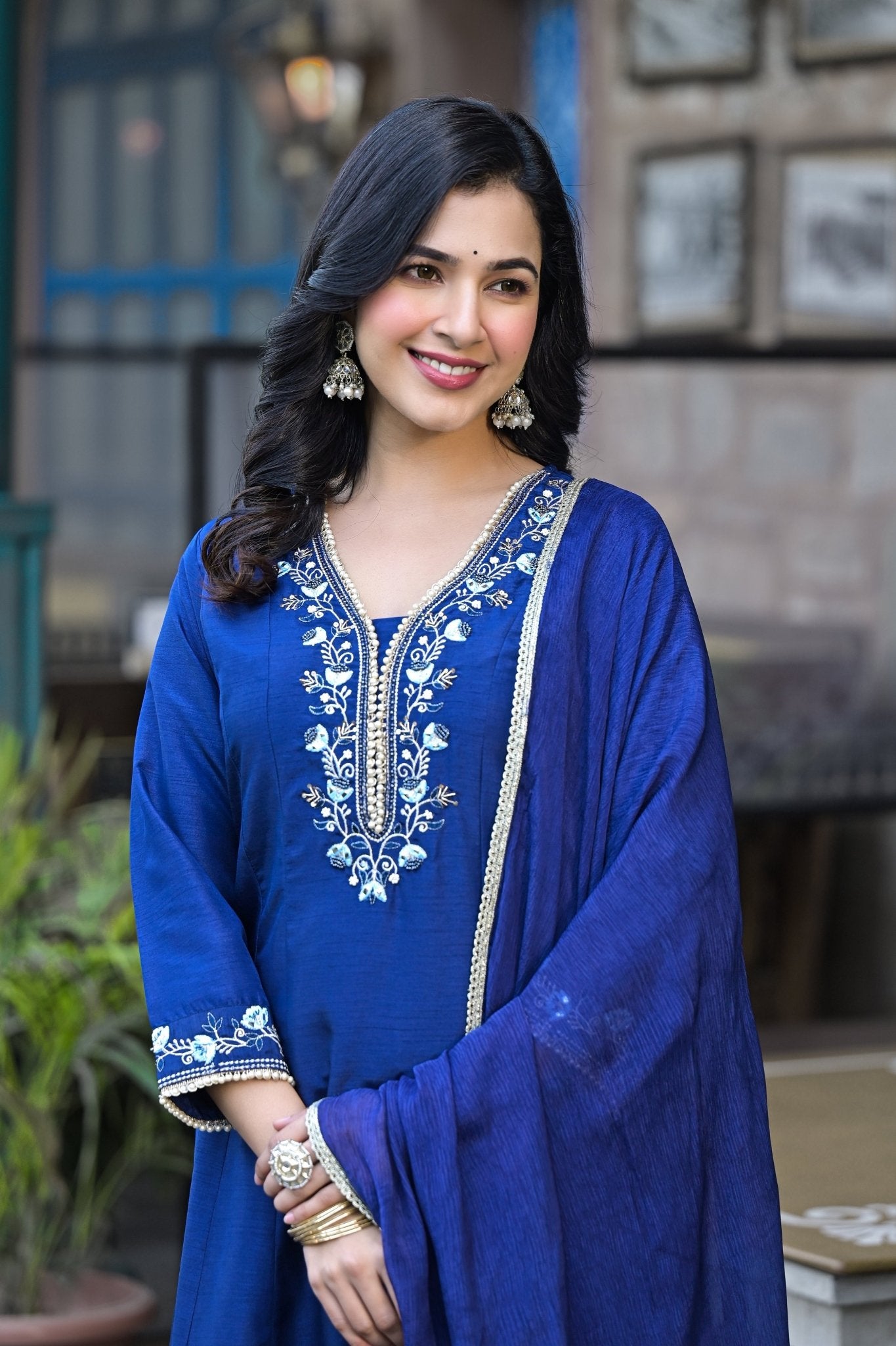 Navy Blue Muslin Anarkali Handwork Suit Ethnic Wear - Anusheet Fashion