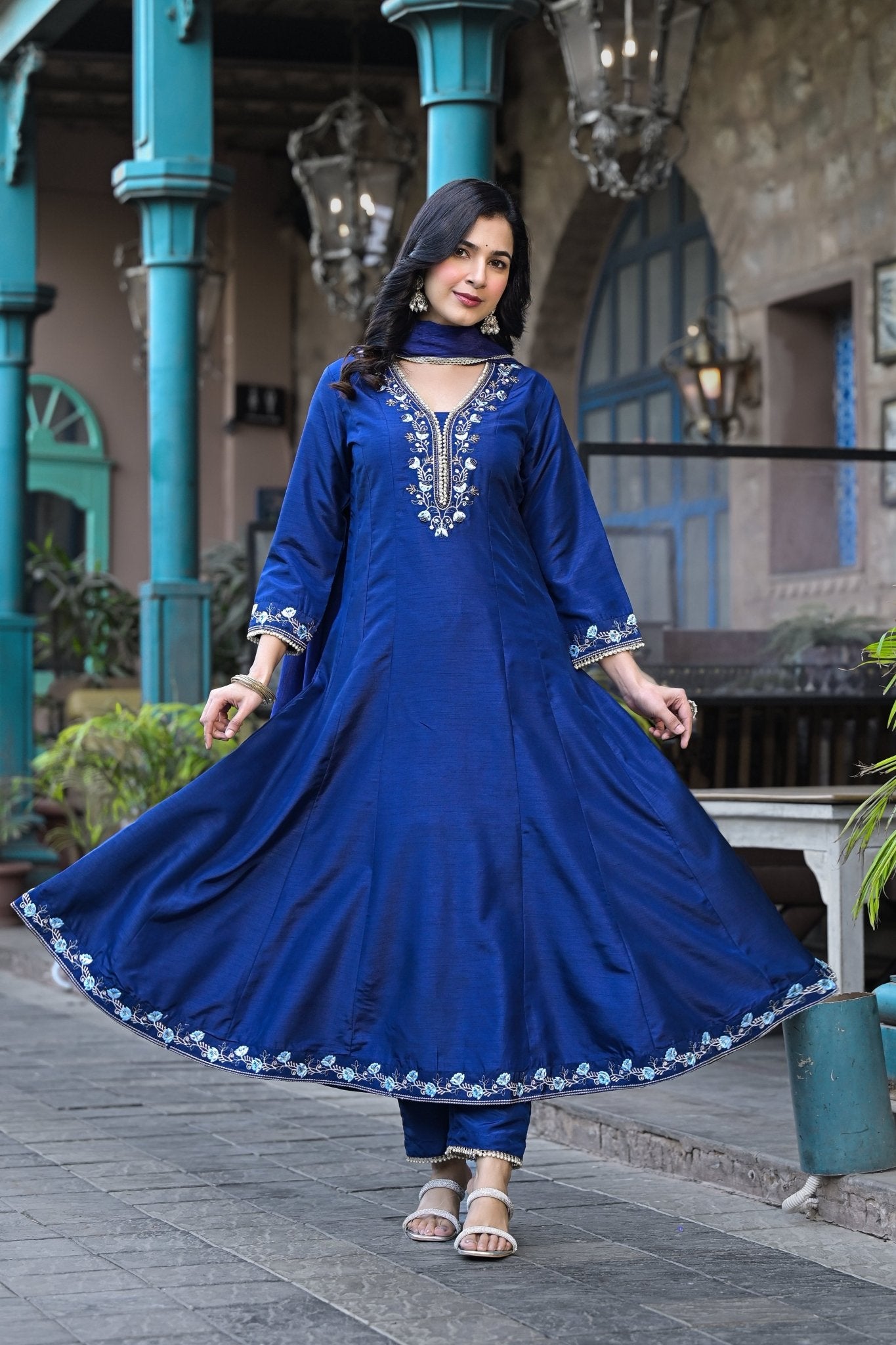 Navy Blue Muslin Anarkali Handwork Suit Ethnic Wear - Anusheet Fashion