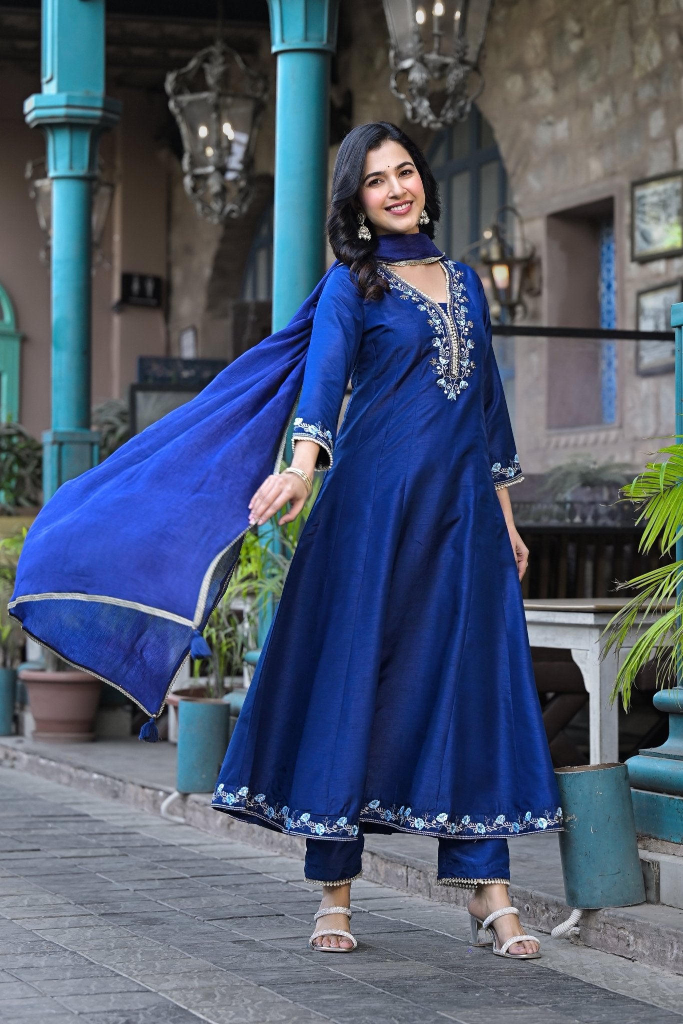Navy Blue Muslin Anarkali Handwork Suit Ethnic Wear - Anusheet Fashion