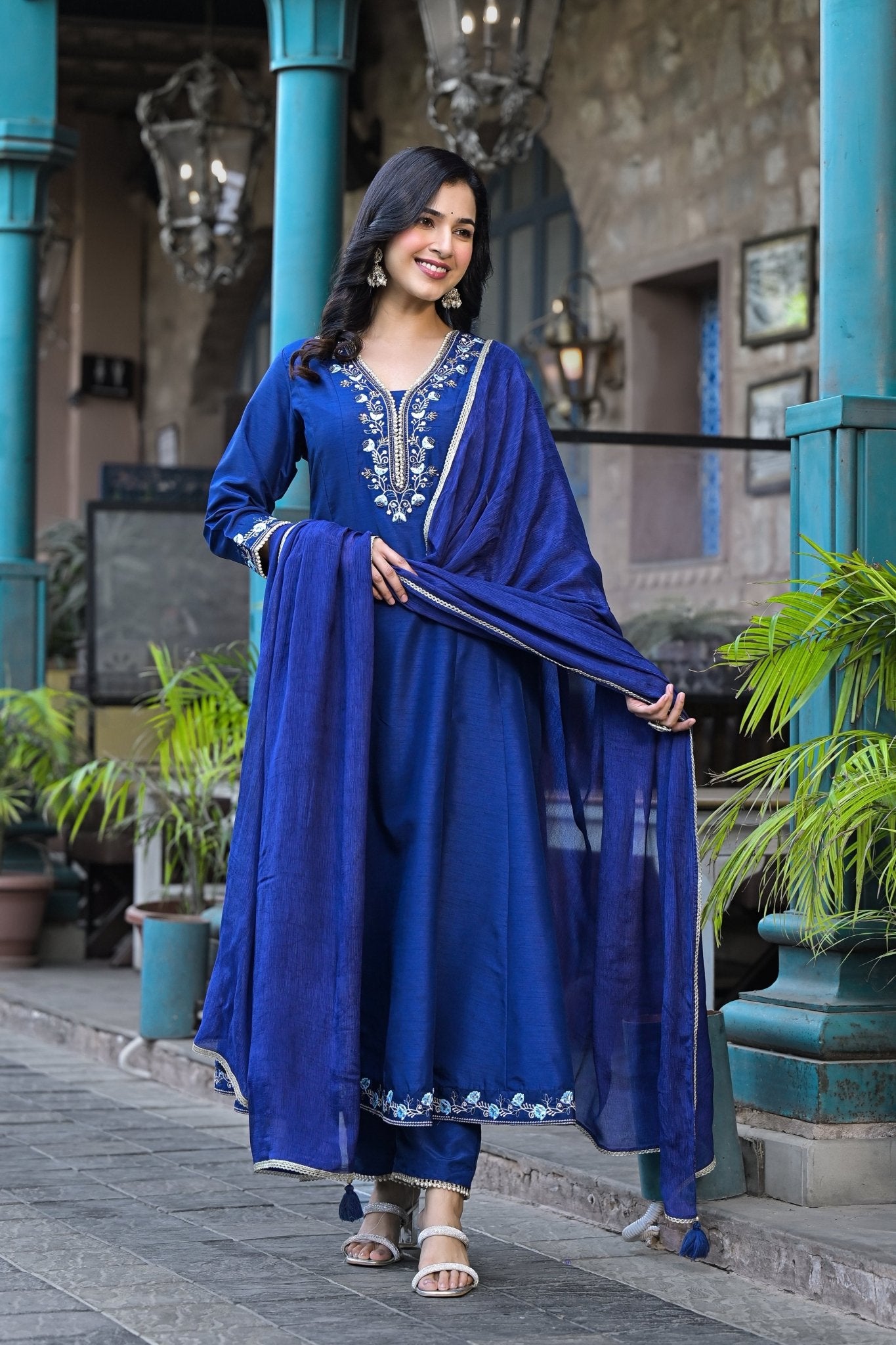 Navy Blue Muslin Anarkali Handwork Suit Ethnic Wear - Anusheet Fashion