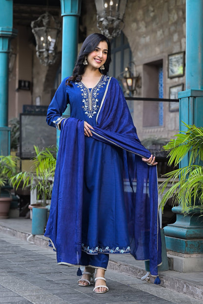Navy Blue Muslin Anarkali Handwork Suit Ethnic Wear - Anusheet Fashion