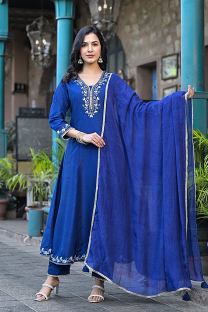 Navy Blue Muslin Anarkali Handwork Suit Ethnic Wear - Anusheet Fashion
