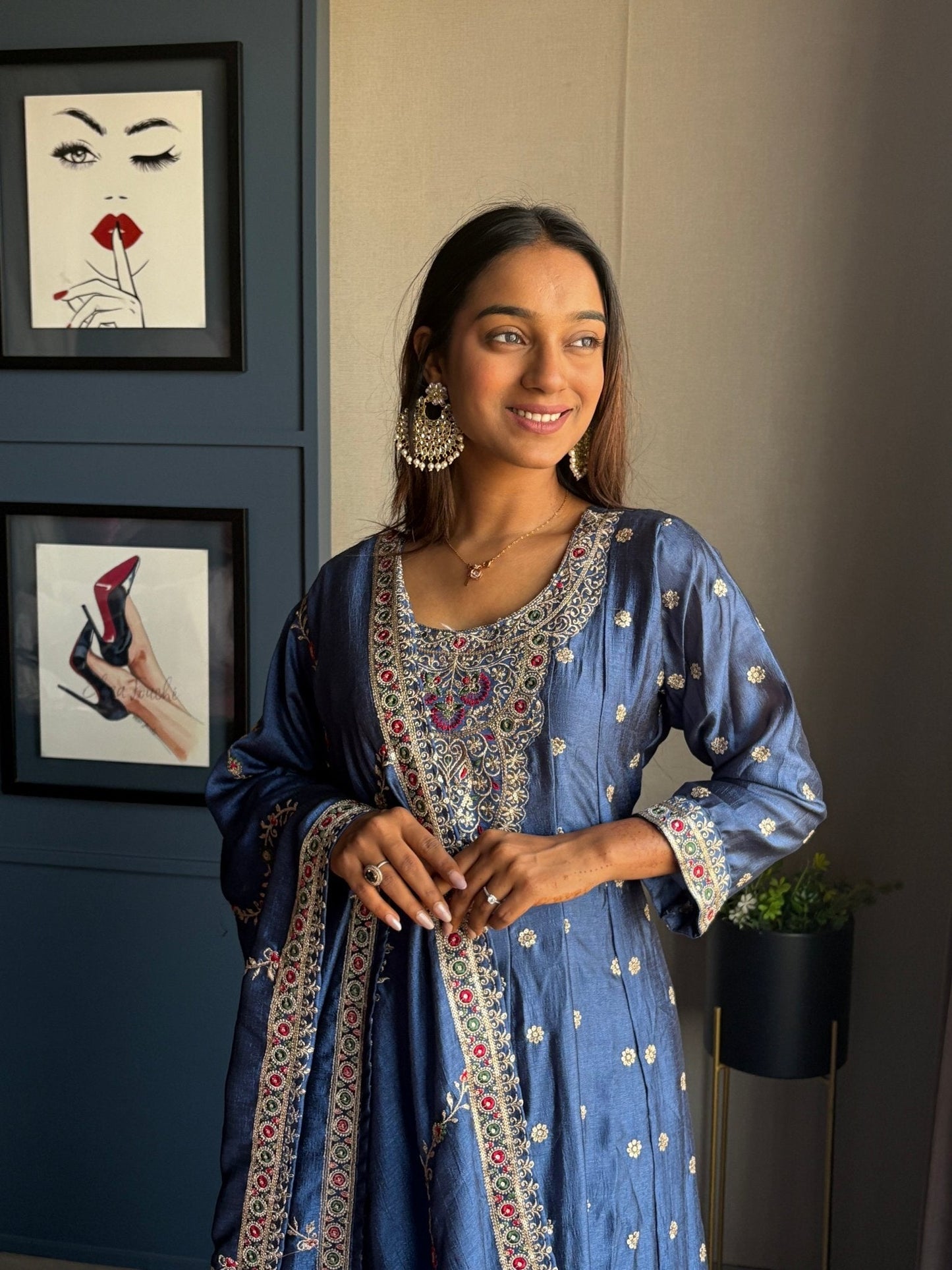 Navy Blue Silk Anarkali Suit Set - Anusheet Fashion