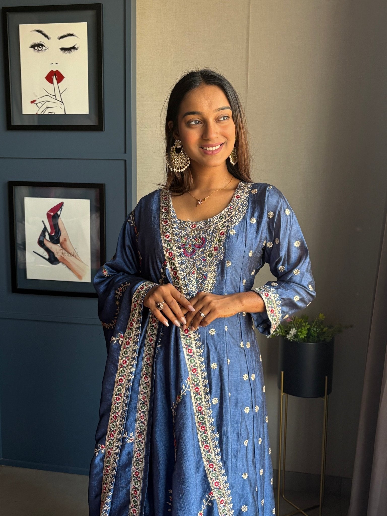 Navy Blue Silk Anarkali Suit Set - Anusheet Fashion