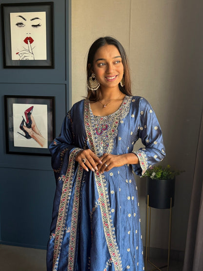 Navy Blue Silk Anarkali Suit Set - Anusheet Fashion