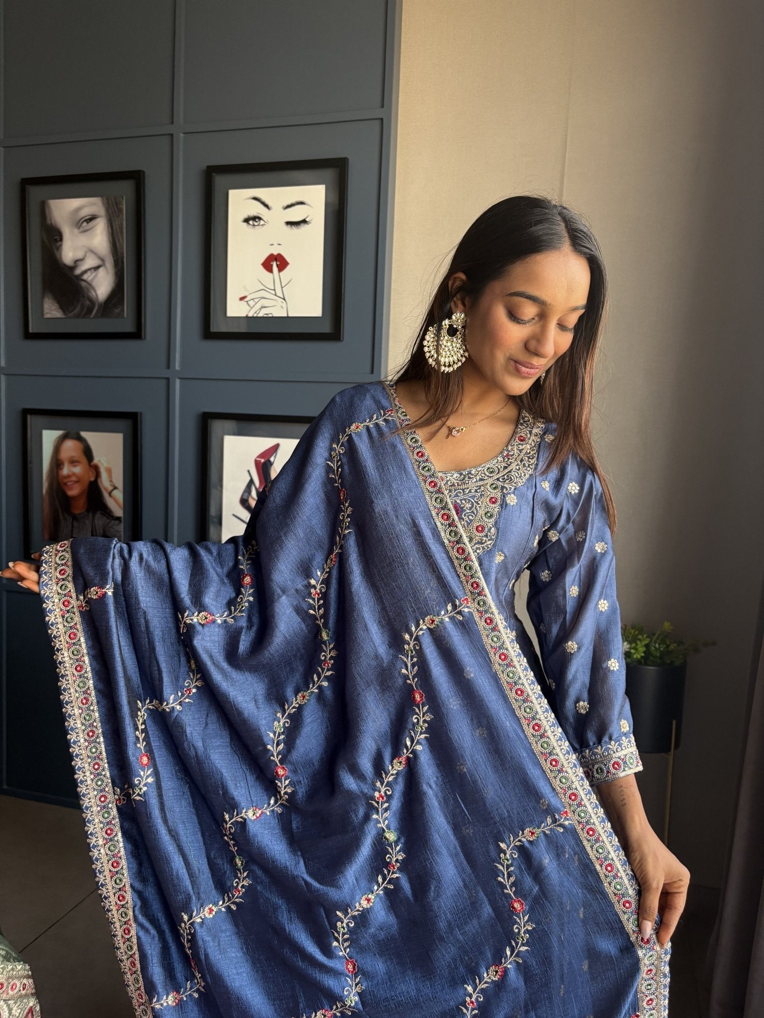 Navy Blue Silk Anarkali Suit Set - Anusheet Fashion